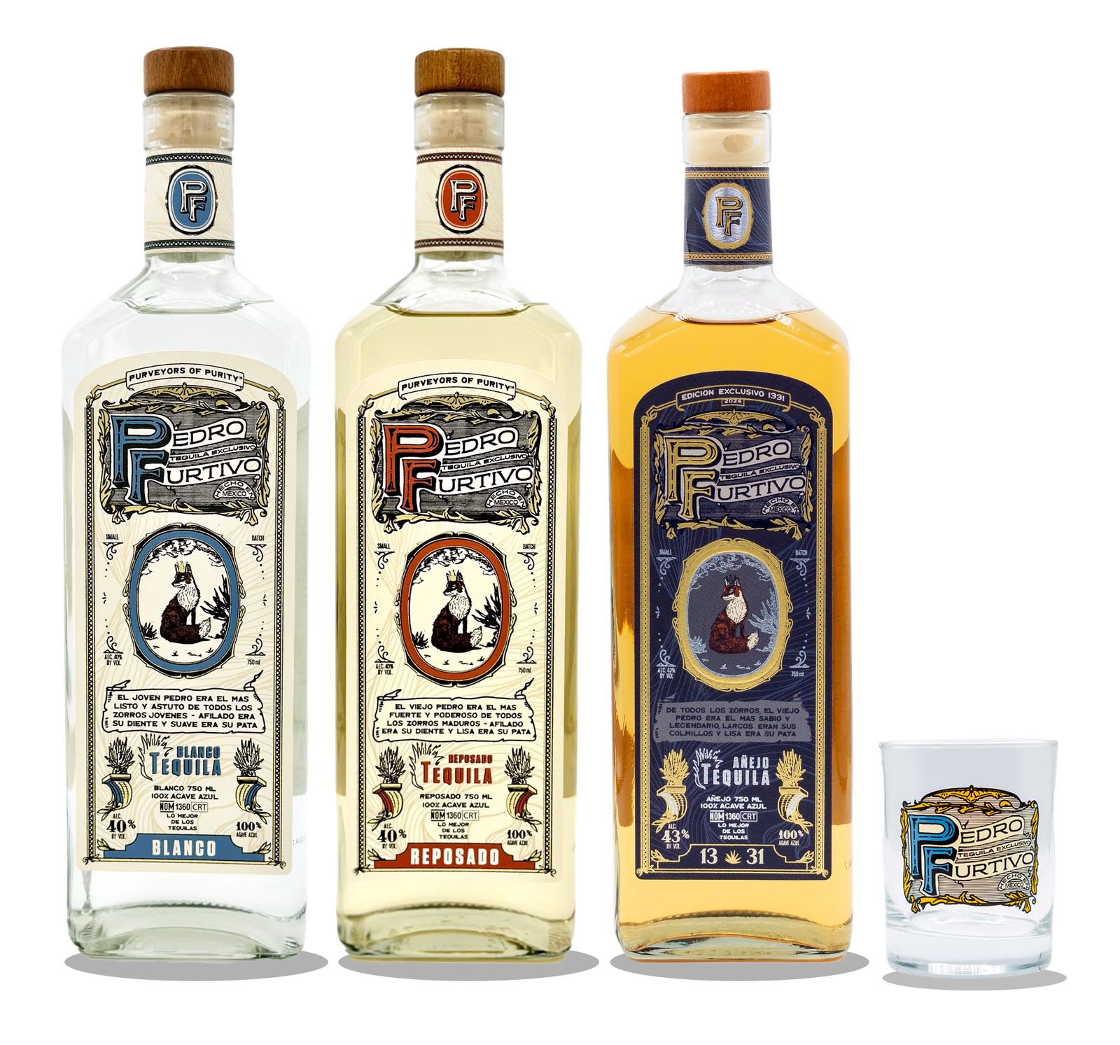 Pedro Furtivo Blanco, Reposado and Añejo bottles and a rocks glass standing in a row