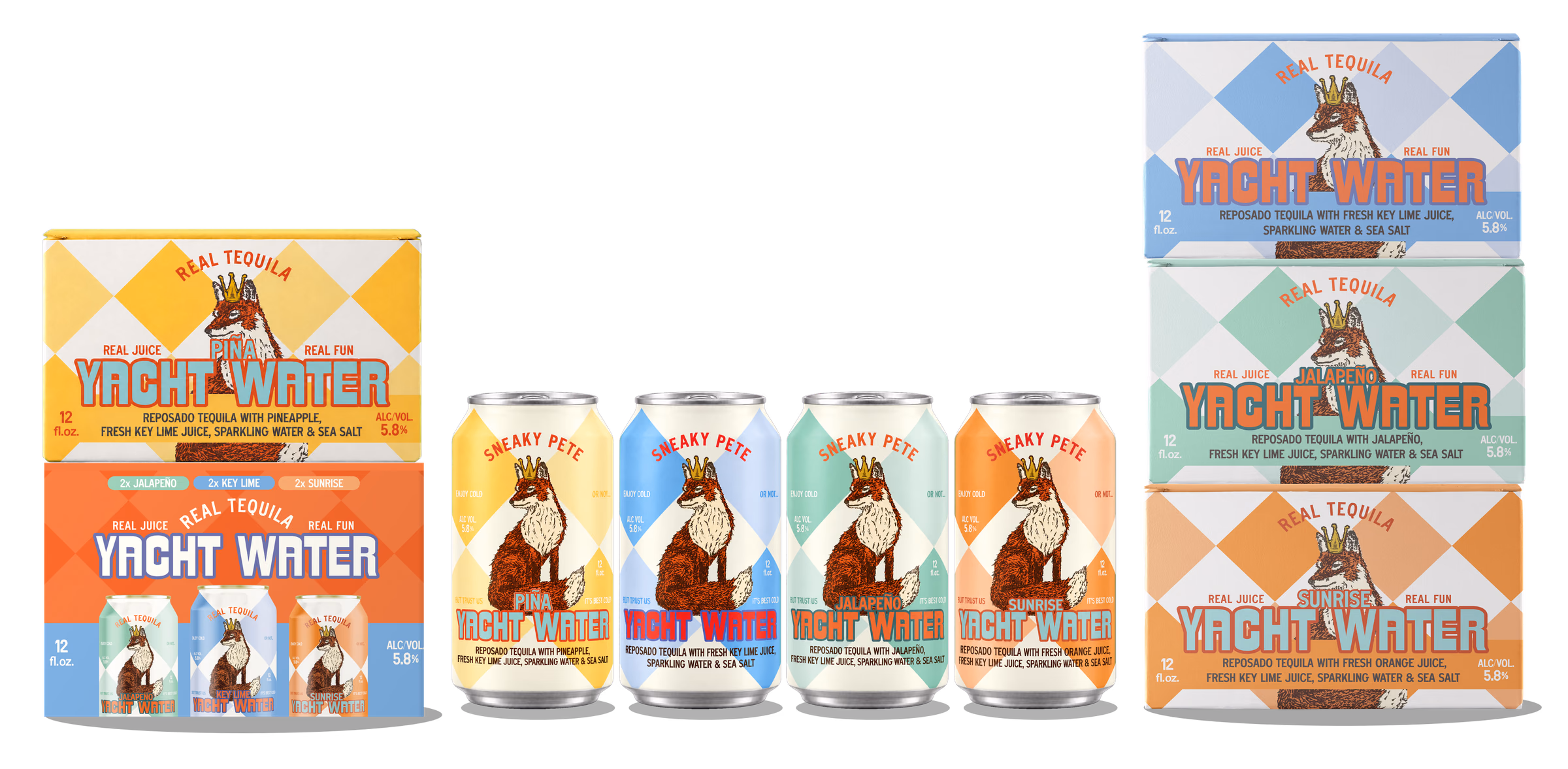 Five Yacht Water six-packs and the four cans, Piña, Key Lime, Jalapeño and Sunrise, standing in a row