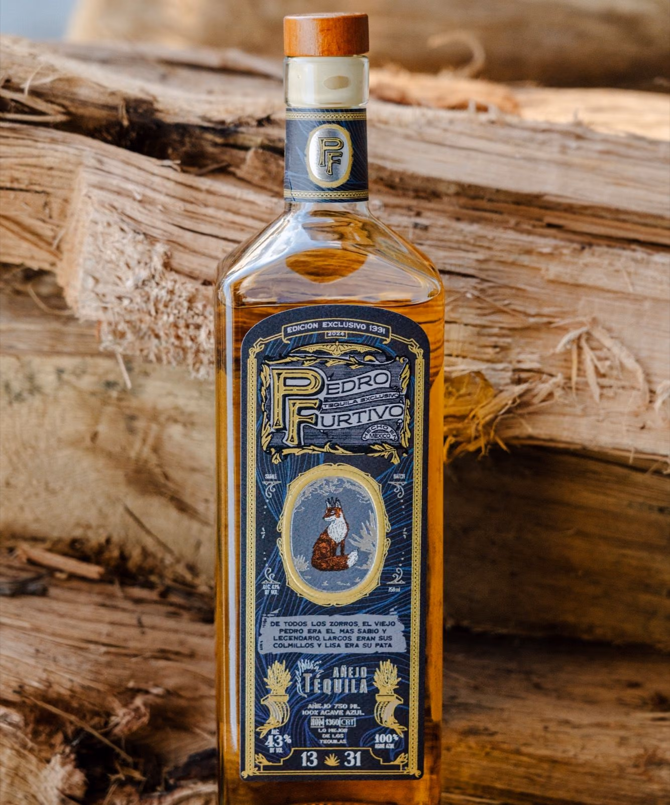 A second photograph of Pedro Furtivo Añejo 1331, not its back label: the bottle leaning on split firewood