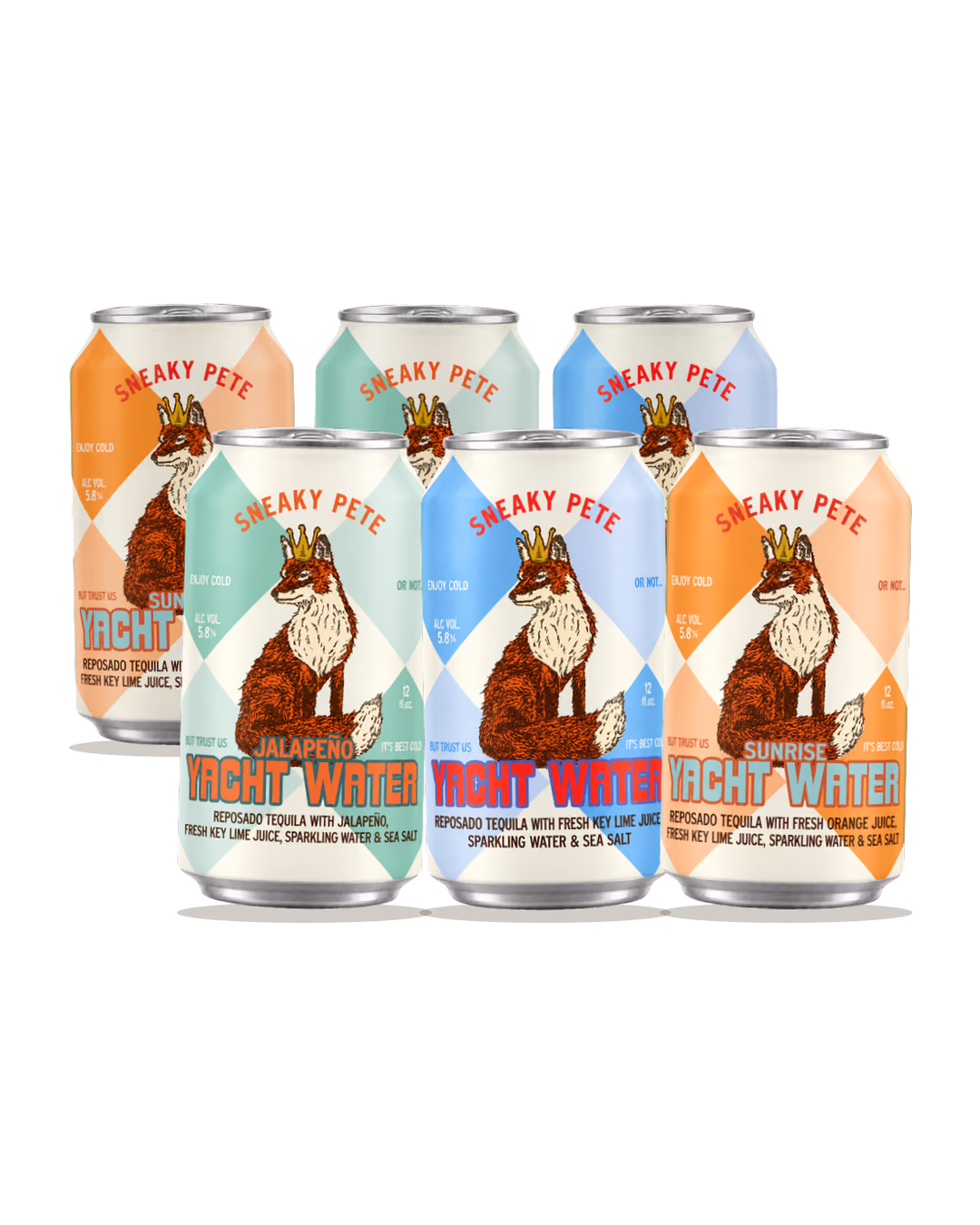 Six Yacht Water cans: two Jalapeño, two Key Lime, two Sunrise